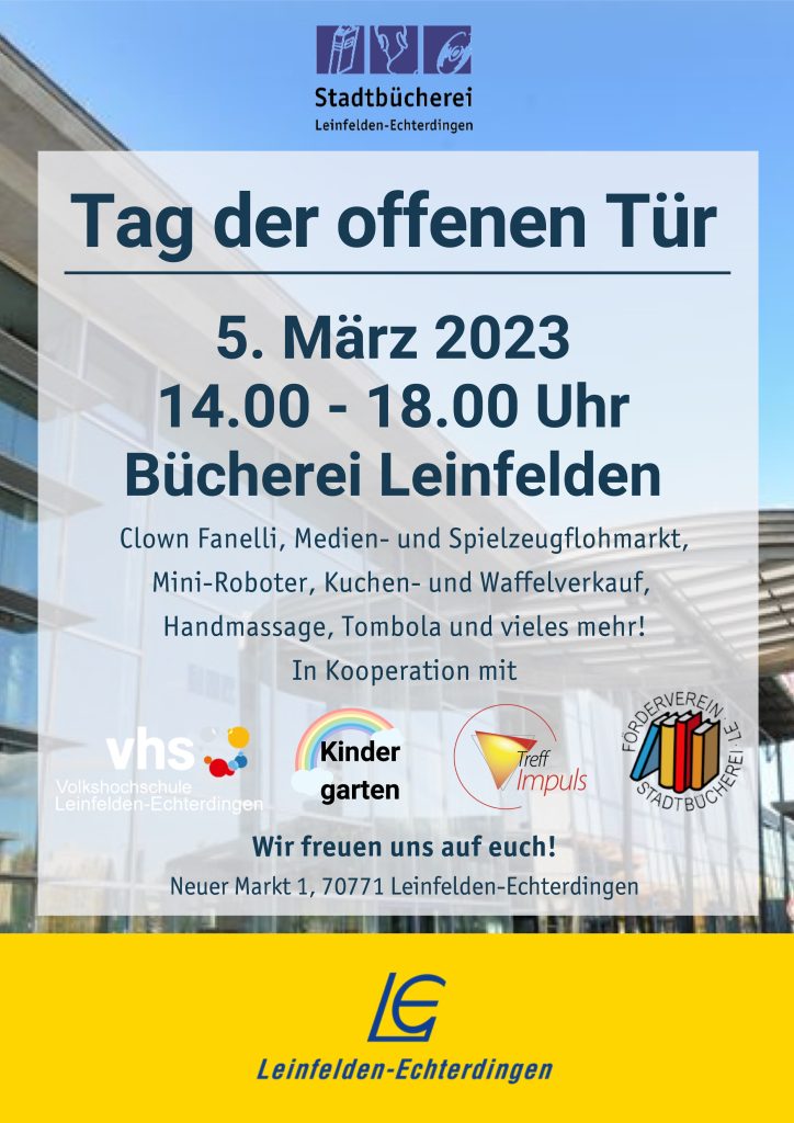 Tag der offenen Tür der Stadtbücherei Leinfelden am 5.3.2023 von 14 bis 18 Uhr.